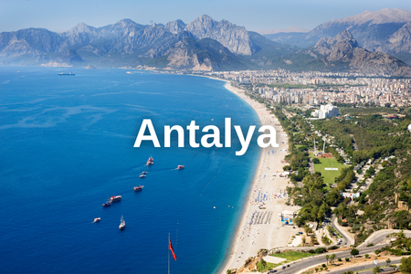 Antalya’s coastline and city view, often seen in photos of all inclusive holidays to Antalya.