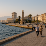 View of Izmir’s seaside promenade with people walking along the coast, the historic Izmir Clock Tower in the background, and calm Aegean waters under natural sunlight.