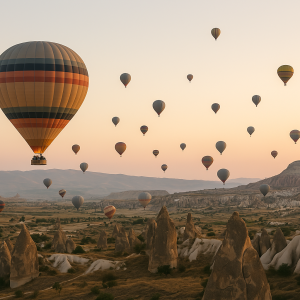Hot air balloons gently rise over Cappadocia’s unique landscape at sunrise, offering a peaceful and scenic moment typical of a Cappadocia hot air balloon holiday.