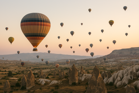 Hot air balloons gently rise over Cappadocia’s unique landscape at sunrise, offering a peaceful and scenic moment typical of a Cappadocia hot air balloon holiday.