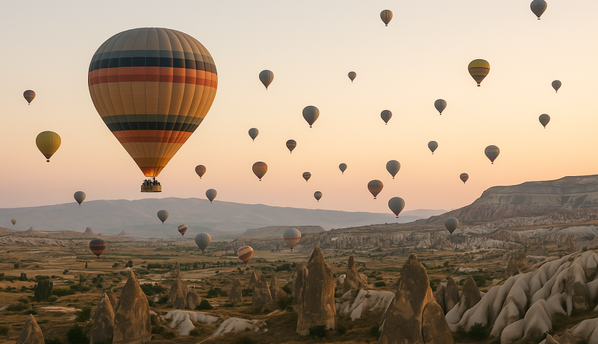 Hot air balloons gently rise over Cappadocia’s unique landscape at sunrise, offering a peaceful and scenic moment typical of a Cappadocia hot air balloon holiday.