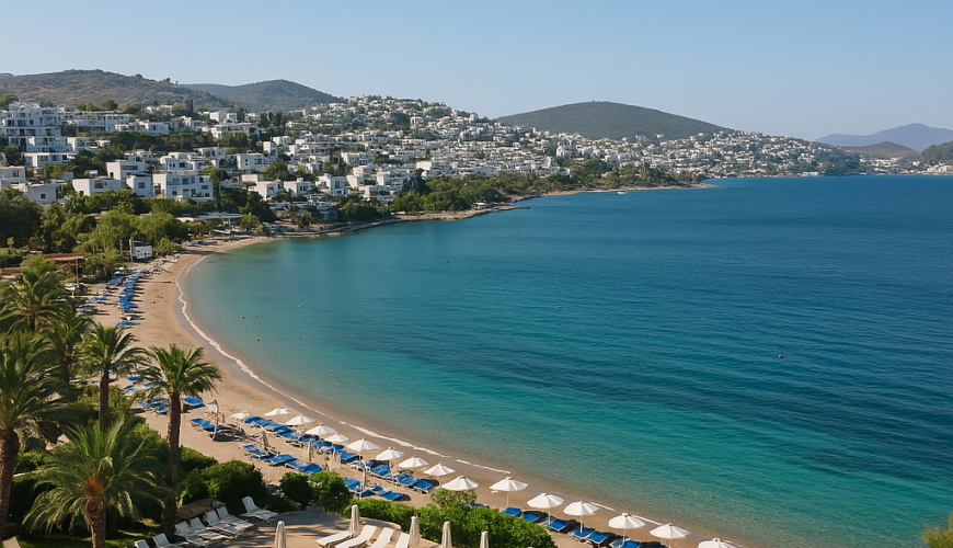 A natural seaside view of Bodrum, showing an all-inclusive resort with clear waters and sun loungers—capturing the relaxed vibe of holidays in Bodrum Turkey all inclusive.