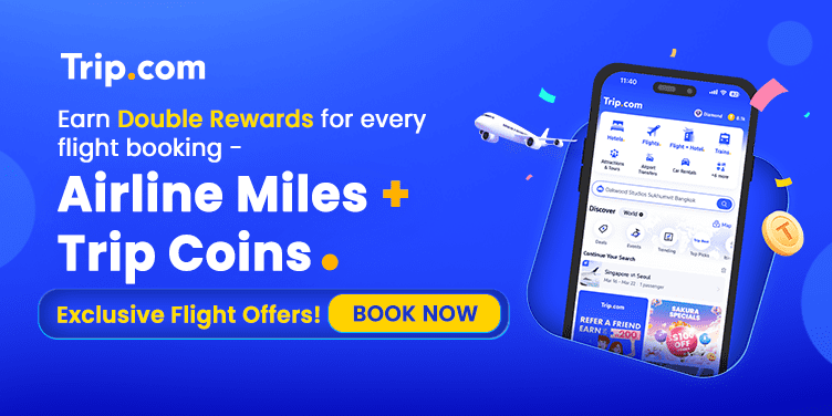 Trip.com flight booking promotion code offering double rewards for holiday in Turkey — airline miles and Trip Coins — with mobile app interface.